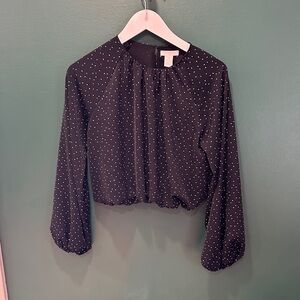 H&M Black Polka Dot Bishop Sleeve Crop Blouse